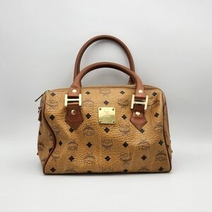 MCM Cognac Brown Monogram Satchel with Gold Hardware